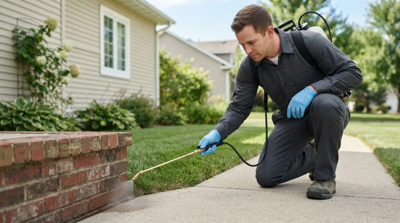 Pest control technician treating a home near Halliday, ND
