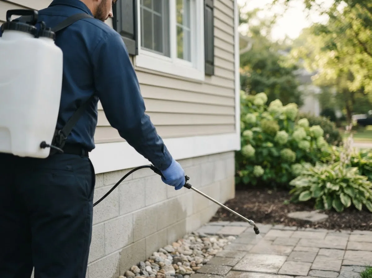 Pest control technician inspecting a home in Halliday, ND